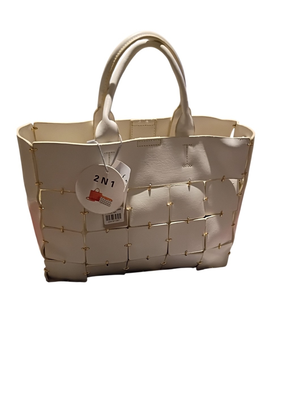 Calin Collection Fashion White Woven Tote Bag /Purse with Gold Accents NWT